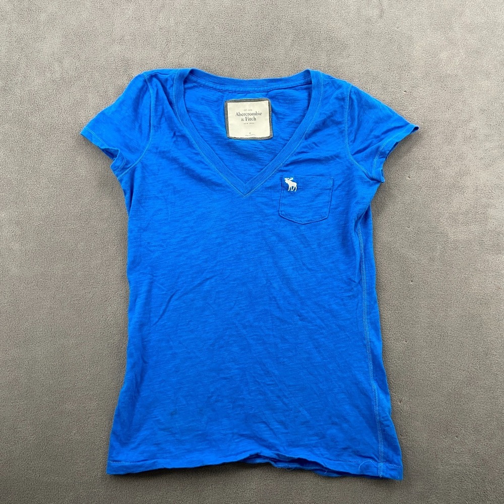 Abercrombie & Fitch T Shirt Womens Medium Royal Blue Logo V Neck Streetwear